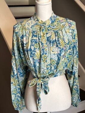 RACHEL Rachel Roy Teal and Green Floral Tie-Front Blouse